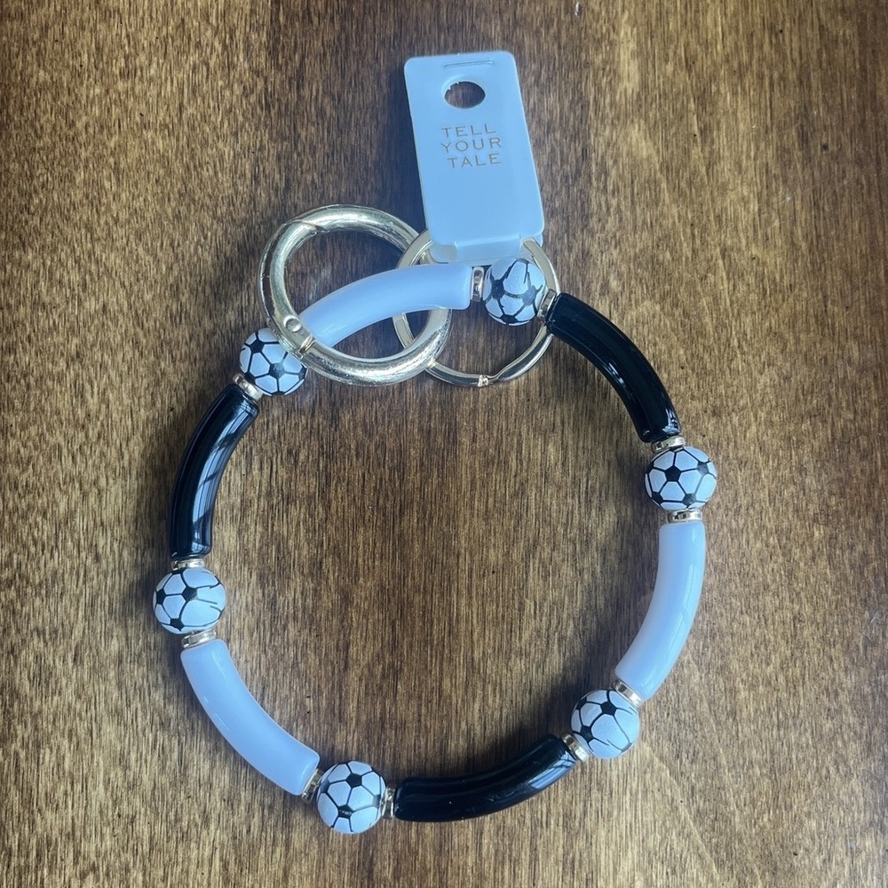 Tell Your Tale Soccer Bead Keychain Bracelet Wristlet Black White Gold Tone NWT